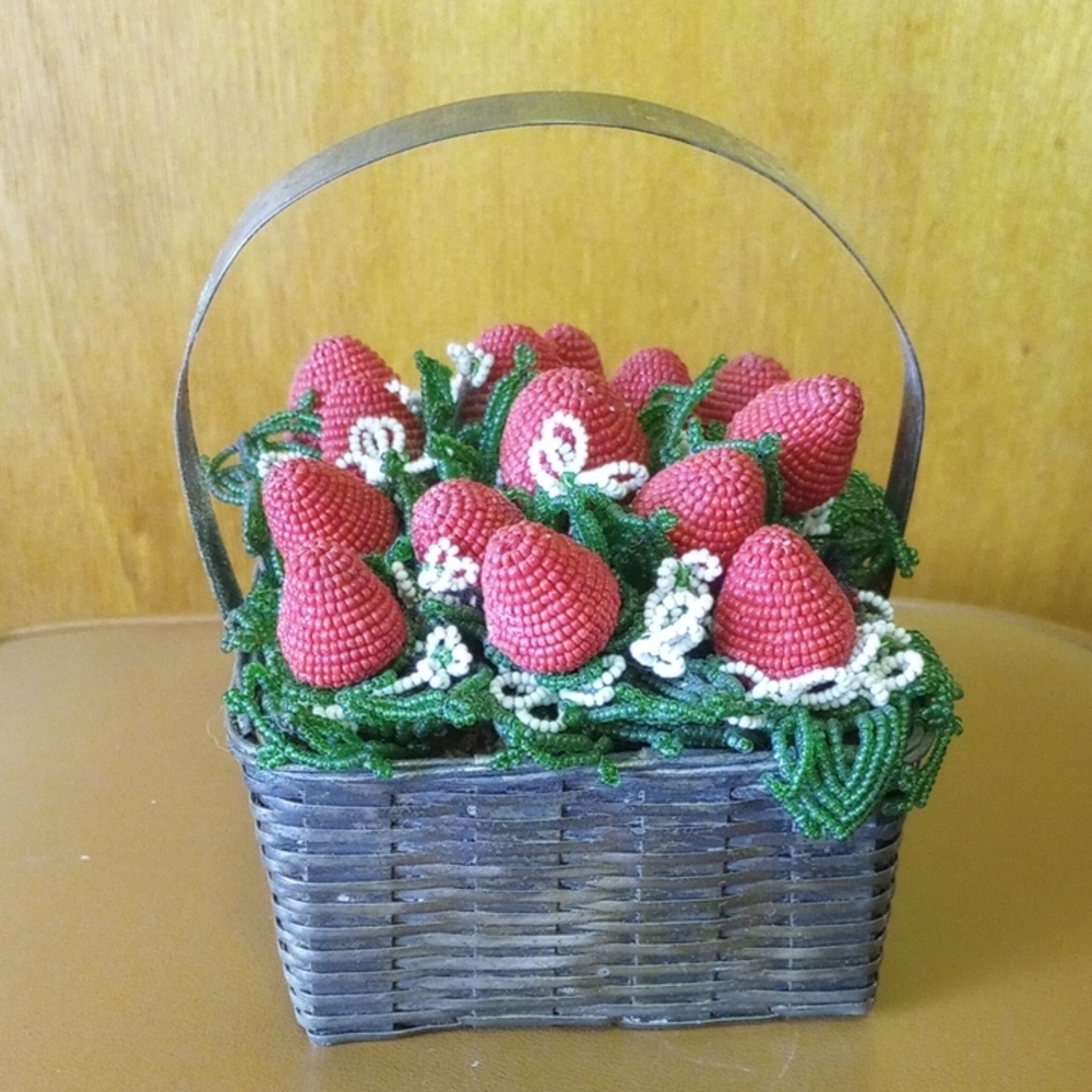 Vintage Brass Basket w/ Beaded Strawberries & Flowers. Red Green White